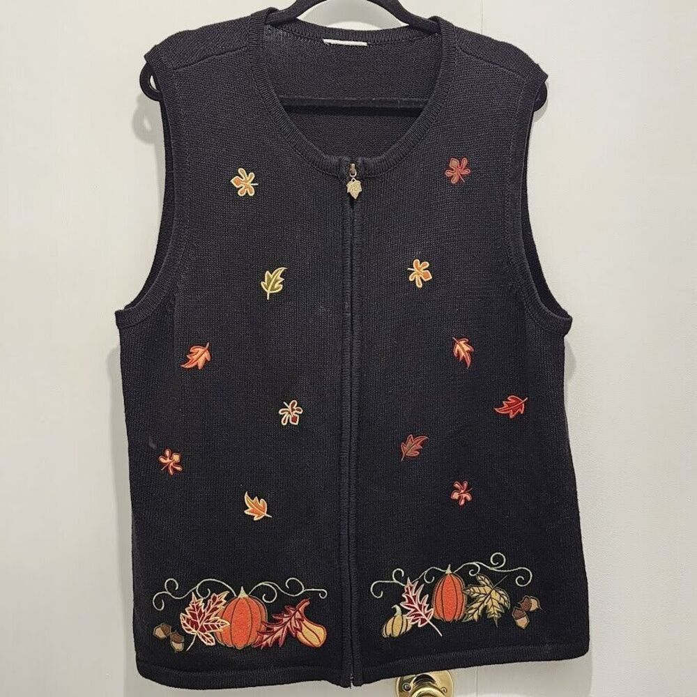Breckenridge Women's Fall Leaves & Pumpkins‎ Zip Up Vest Size XL